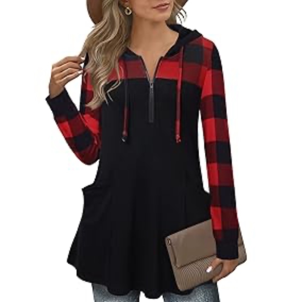 Plaid and black hooded tunic